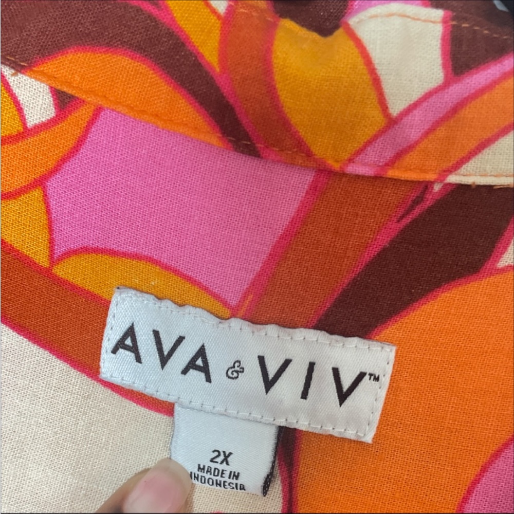 Ava & Viv Pink Linen Tie Front Blouse Women’s 2X 70s Groovy Boho Summer Top - Picture 3 of 5